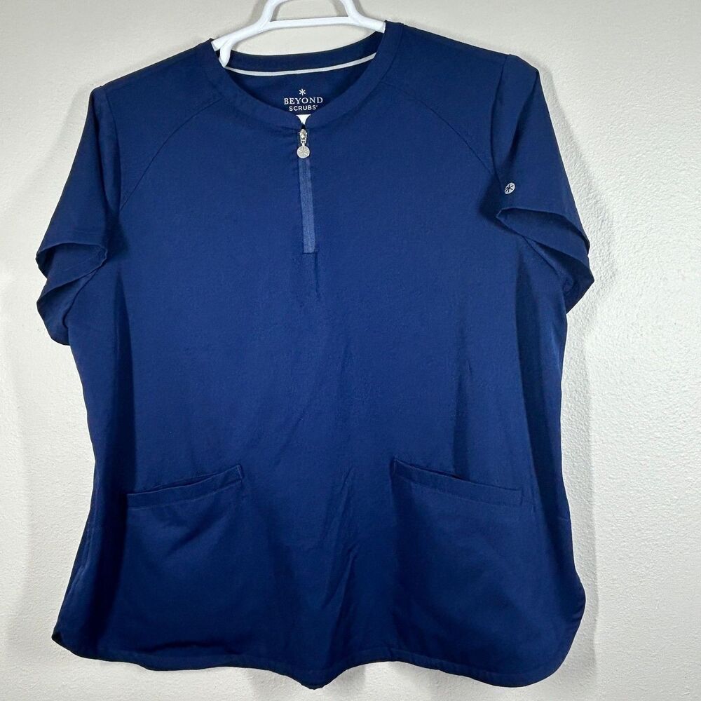 Beyond Scrubs Scrub Top Womens 2X Navy Zip Front Short Sleeve Pockets Relaxed